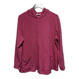 Isaac Mizrahi Cardigan Women 1X Pink Stripe Button Front Sweatshirt Pockets Hood